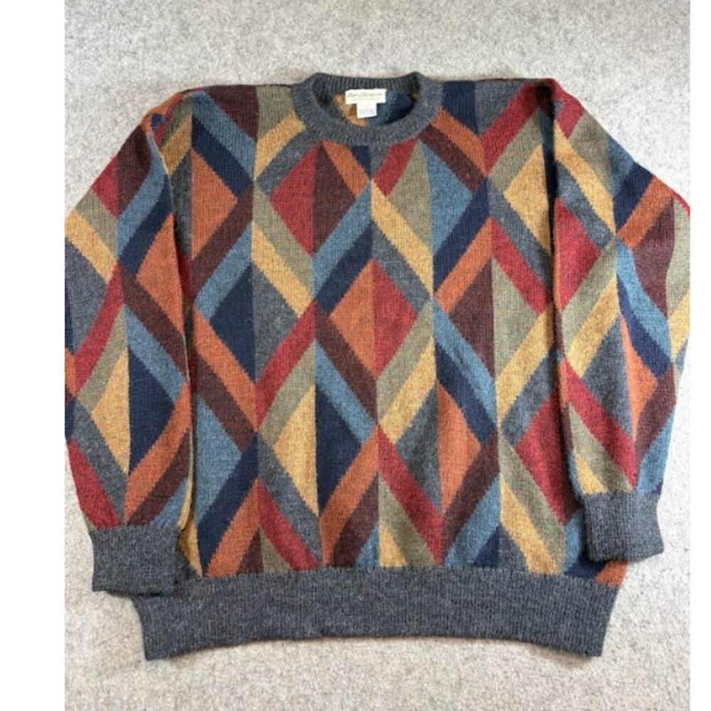 Vintage Norm Thompson Argyle Knit Sweater Mens Large Multicolor Alpaca Grandpa